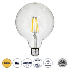 Λάμπα LED Long Filament E27 G125 Γλόμπος 8W 800lm 360° AC 220-240V IP20 Φ12.5 x Υ18cm Θερμό Λευκό 2700K με Διάφανο Γυαλί - Dimmable - 3 Years Warranty