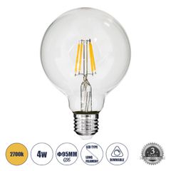 Λάμπα LED Long Filament E27 G95 Γλόμπος 4W 400lm 360° AC 220-240V IP20 Φ9.5 x Υ13.5cm Θερμό Λευκό 2700K με Διάφανο Γυαλί - Dimmable - 3 Years Warranty