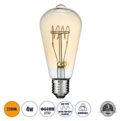 Λάμπα LED Ultra Thin Soft S Spiral Filament E27 ST64 Αχλάδι 4W 280lm 360° AC 220-240V IP20 Φ6.4 x Υ14cm Ultra Θερμό Λευκό 2200K με Μελί Γυαλί - Dimmable - 3 Years Warranty