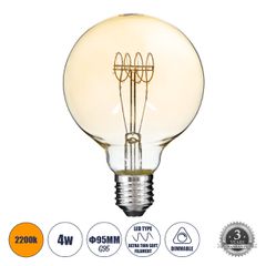 Λάμπα LED Ultra Thin Soft S Spiral Filament E27 G95 Γλόμπος 4W 280lm 360° AC 220-240V IP20 Φ9.5 x Υ13.5cm Ultra Θερμό Λευκό 2200K με Μελί Γυαλί - Dimmable - 3 Years Warranty