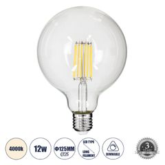 Λάμπα LED Long Filament E27 G125 Γλόμπος 12W 1320lm 360° AC 220-240V IP20 Φ12.5 x Υ18cm Φυσικό Λευκό 4000K με Διάφανο Γυαλί - Dimmable - 3 Years Warranty