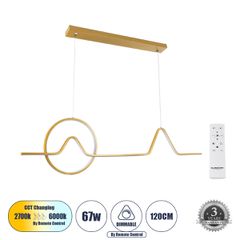 Κρεμαστό Φωτιστικό Οροφής Design LED CCT 67W 7504lm 300° AC 220-240V - Εναλλαγή Φωτισμού μέσω Τηλεχειριστηρίου All In One Ψυχρό 6000k+Φυσικό 4500k+Θερμό 2700k Dimmable Μ120 x Π4 x Υ30cm - Χρυσό Βούρτσ