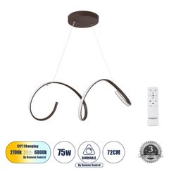 Κρεμαστό Φωτιστικό Οροφής Design LED CCT 75W 8400lm 300° AC 220-240V - Εναλλαγή Φωτισμού μέσω Τηλεχειριστηρίου All In One Ψυχρό 6000k+Φυσικό 4500k+Θερμό 2700k Dimmable Μ72 x Π25 x Υ18cm - Καφέ - 3 Yea