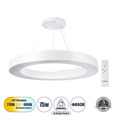 Κρεμαστό Φωτιστικό Δαχτυλίδι-Κύκλος LED CCT 75W 8250lm 120° AC 220-240V - Εναλλαγή Φωτισμού μέσω Τηλεχειριστηρίου All In One Ψυχρό 6000k+Φυσικό 4500k+Θερμό 2700k Dimmable Φ80cm - Λευκό - 3 Years Warra
