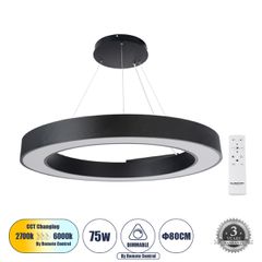 Κρεμαστό Φωτιστικό Δαχτυλίδι-Κύκλος LED CCT 75W 8250lm 120° AC 220-240V - Εναλλαγή Φωτισμού μέσω Τηλεχειριστηρίου All In One Ψυχρό 6000k+Φυσικό 4500k+Θερμό 2700k Dimmable Φ80cm - Μαύρο - 3 Years Warra
