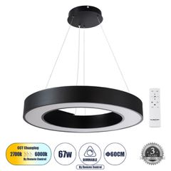 Κρεμαστό Φωτιστικό Δαχτυλίδι-Κύκλος LED CCT 67W 7370lm 120° AC 220-240V - Εναλλαγή Φωτισμού μέσω Τηλεχειριστηρίου All In One Ψυχρό 6000k+Φυσικό 4500k+Θερμό 2700k Dimmable Φ60cm - Μαύρο - 3 Years Warra