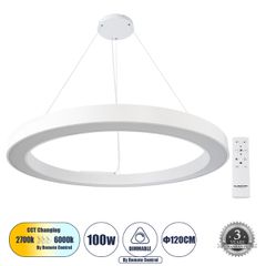 Κρεμαστό Φωτιστικό Δαχτυλίδι-Κύκλος LED CCT 100W 11020lm 120° AC 220-240V - Εναλλαγή Φωτισμού μέσω Τηλεχειριστηρίου All In One Ψυχρό 6000k+Φυσικό 4500k+Θερμό 2700k Dimmable Φ120cm - Λευκό - 3 Years Wa