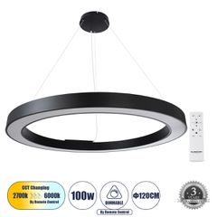 Κρεμαστό Φωτιστικό Δαχτυλίδι-Κύκλος LED CCT 100W 11020lm 120° AC 220-240V - Εναλλαγή Φωτισμού μέσω Τηλεχειριστηρίου All In One Ψυχρό 6000k+Φυσικό 4500k+Θερμό 2700k Dimmable Φ120cm - Μαύρο - 3 Years Wa