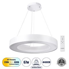 Κρεμαστό Φωτιστικό Δαχτυλίδι-Κύκλος LED CCT 67W 7370lm 120° AC 220-240V - Εναλλαγή Φωτισμού μέσω Τηλεχειριστηρίου All In One Ψυχρό 6000k+Φυσικό 4500k+Θερμό 2700k Dimmable Φ60cm - Λευκό - 3 Years Warra