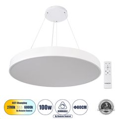 Κρεμαστή Πλαφονιέρα Οροφής LED CCT 100W 11020lm 120° AC 220-240V - Εναλλαγή Φωτισμού μέσω Τηλεχειριστηρίου All In One Ψυχρό 6000k+Φυσικό 4500k+Θερμό 2700k Dimmable Φ80cm - Λευκό - 3 Years Warranty