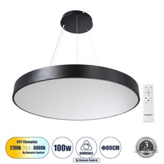 Κρεμαστή Πλαφονιέρα Οροφής LED CCT 100W 11020lm 120° AC 220-240V - Εναλλαγή Φωτισμού μέσω Τηλεχειριστηρίου All In One Ψυχρό 6000k+Φυσικό 4500k+Θερμό 2700k Dimmable Φ80cm - Μαύρο - 3 Years Warranty