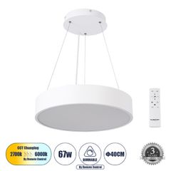 Κρεμαστή Πλαφονιέρα Οροφής LED CCT 67W 7370lm 120° AC 220-240V - Εναλλαγή Φωτισμού μέσω Τηλεχειριστηρίου All In One Ψυχρό 6000k+Φυσικό 4500k+Θερμό 2700k Dimmable Φ40cm - Λευκό - 3 Years Warranty