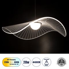 Κρεμαστό Φωτιστικό Οροφής Design LED CCT 20W 2240lm 360° AC 220-240V - Εναλλαγή Φωτισμού μέσω Διακόπτη On/Off All In One Ψυχρό 6000k+Φυσικό 4500k+Θερμό 2700k Φ60cm - Μαύρο με Διάφανο Laser Designed Pl