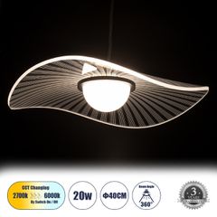 Κρεμαστό Φωτιστικό Οροφής Design LED CCT 20W 2240lm 360° AC 220-240V - Εναλλαγή Φωτισμού μέσω Διακόπτη On/Off All In One Ψυχρό 6000k+Φυσικό 4500k+Θερμό 2700k Φ40cm - Μαύρο με Διάφανο Laser Designed Pl