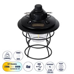 Αυτόνομο Φανάρι Camping LED 4W USB 2.0 με Επαναφορτιζόμενη Μπαταρία 1 x 18650 2000mAh Li-ion Power Bank IP20 Dimmable Μαύρο με Διάφανο Γυαλί CCT Εναλλαγή Φωτισμού μέσω On/Off All In One Ψυχρό 6000K+Φυ