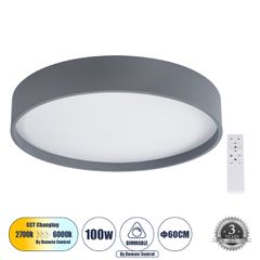 Πλαφονιέρα Οροφής LED CCT 100W 11500lm 120° AC 220-240V - Εναλλαγή Φωτισμού μέσω Τηλεχειριστηρίου All In One Ψυχρό 6000k+Φυσικό 4500k+Θερμό 2700k Dimmable Φ60 x Υ10cm - Γκρι Ανθρακί - 3 Years Warranty