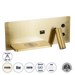 Μοντέρνο Φωτιστικό Τοίχου - Απλίκα Ξενοδοχείου Bed Side LED 6W 720lm 36° AC 220-240V - Reading Light & Κρυφός Φωτισμός - Φορτιστές USB 3A & Wireless 20W - Μ30 x Π11 x Υ12cm - Φυσικό Λευκό 4500K - Χρυσ