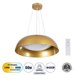 Κρεμαστή Πλαφονιέρα Οροφής LED CCT 60W 6900lm 120° AC 220-240V - Εναλλαγή Φωτισμού μέσω Τηλεχειριστηρίου All In One Ψυχρό 6000k+Φυσικό 4500k+Θερμό 2700k Dimmable Φ43cm - Χρυσό - 3 Years Warranty