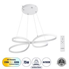 Κρεμαστό Φωτιστικό Οροφής Design LED CCT 75W 8400lm 300° AC 220-240V - Εναλλαγή Φωτισμού μέσω Τηλεχειριστηρίου All In One Ψυχρό 6000k+Φυσικό 4500k+Θερμό 2700k Dimmable Μ71 x Π52 x Υ4cm - Λευκό - 3 Yea