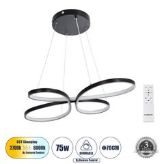 Κρεμαστό Φωτιστικό Οροφής Design LED CCT 75W 8400lm 300° AC 220-240V - Εναλλαγή Φωτισμού μέσω Τηλεχειριστηρίου All In One Ψυχρό 6000k+Φυσικό 4500k+Θερμό 2700k Dimmable Μ71 x Π52 x Υ4cm - Μαύρο - 3 Yea