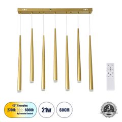 Κρεμαστό Φωτιστικό Οροφής Design LED CCT 21W 2310lm 180° AC 220-240V - Εναλλαγή Φωτισμού μέσω Τηλεχειριστηρίου All In One Ψυχρό 6000k+Φυσικό 4500k+Θερμό 2700k Dimmable Μ70 x Π3.2 x Υ60cm - Χρυσό Βούρτ