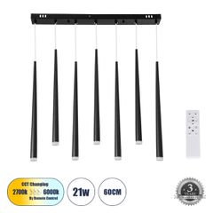 Κρεμαστό Φωτιστικό Οροφής Design LED CCT 21W 2310lm 180° AC 220-240V - Εναλλαγή Φωτισμού μέσω Τηλεχειριστηρίου All In One Ψυχρό 6000k+Φυσικό 4500k+Θερμό 2700k Dimmable Μ70 x Π3.2 x Υ60cm - Μαύρο - 3 Y