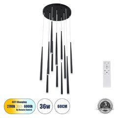 Κρεμαστό Φωτιστικό Οροφής Design LED CCT 36W 3960lm 180° AC 220-240V - Εναλλαγή Φωτισμού μέσω Τηλεχειριστηρίου All In One Ψυχρό 6000k+Φυσικό 4500k+Θερμό 2700k Dimmable Φ60 x Υ51.5cm - Μαύρο - 3 Years