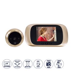Επαναφορτιζόμενη Ψηφιακή Έξυπνη Camera Εξώπορτας 90° Μοιρών με Έγχρωμη Οθόνη 2.8" Inches - USB - Νυχτερινή Όραση με LED IR - Κουδούνι - Χρυσό