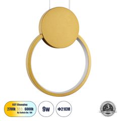 Κρεμαστό Φωτιστικό Οροφής Design LED CCT 9W 1080lm 300° AC 220-240V - Εναλλαγή Φωτισμού μέσω Διακόπτη On/Off All In One Ψυχρό 6000k+Φυσικό 4500k+Θερμό 2700k Μ21 x Π2.3 x Υ26.5cm - Χρυσό Βούρτσας