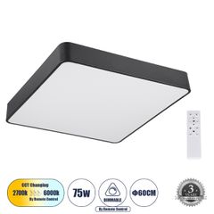 Πλαφονιέρα Οροφής LED CCT 75W 8625lm 120° AC 220-240V - Εναλλαγή Φωτισμού μέσω Τηλεχειριστηρίου All In One Ψυχρό 6000k+Φυσικό 4500k+Θερμό 2700k Dimmable Μ60 x Π60 x Υ8cm - Μαύρο - 3 Years Warranty
