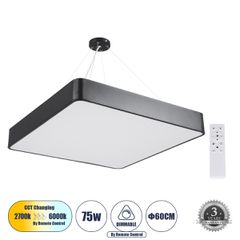 Κρεμαστή Πλαφονιέρα Οροφής LED CCT 75W 8625lm 120° AC 220-240V - Εναλλαγή Φωτισμού μέσω Τηλεχειριστηρίου All In One Ψυχρό 6000k+Φυσικό 4500k+Θερμό 2700k Dimmable Μ60 x Π60 x Υ8cm - Μαύρο - 3 Years War
