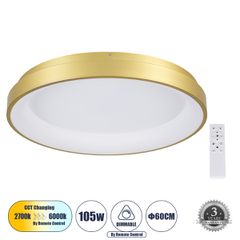 Πλαφονιέρα Οροφής Δαχτυλίδι-Κύκλος LED CCT 105W 12075lm 120° AC 220-240V - Εναλλαγή Φωτισμού μέσω Τηλεχειριστηρίου All In One Ψυχρό 6000k+Φυσικό 4500k+Θερμό 2700k Dimmable Φ60cm - Χρυσό Σαμπανιζέ - 3