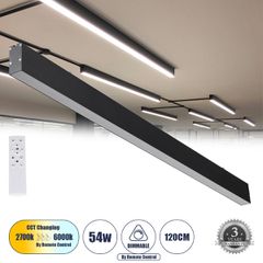Γραμμικό Φωτιστικό Οροφής Linear LED CCT 54W 6500lm 120° AC 220-240V Μ120 x Π3.5 x Υ7cm - Εναλλαγή Φωτισμού μέσω Τηλεχειριστηρίου All In One Ψυχρό 6000k+Φυσικό 4500k+Θερμό 2700k Dimmable - Μαύρο - 3 Y