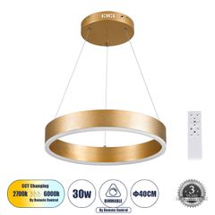 Κρεμαστό Φωτιστικό Δαχτυλίδι-Κύκλος LED CCT 30W 3513lm 120° AC 220-240V - Εναλλαγή Φωτισμού μέσω Τηλεχειριστηρίου All In One Ψυχρό 6000K+Φυσικό 4500K+Θερμό 2700K Dimmable Φ40cm - Χρυσό Βούρτσας - 3 Ye