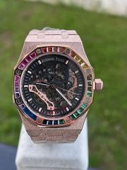 Audemars Piguet Royal Oak Skeleton Rose Gold Frost & Rainbow Stones 5A Quality Replica Αντιγραφο