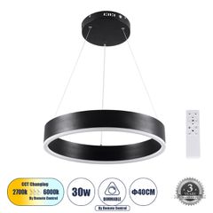Κρεμαστό Φωτιστικό Δαχτυλίδι-Κύκλος LED CCT 30W 3513lm 120° AC 220-240V - Εναλλαγή Φωτισμού μέσω Τηλεχειριστηρίου All In One Ψυχρό 6000K+Φυσικό 4500K+Θερμό 2700K Dimmable Φ40cm - Μαύρο - 3 Years Warra