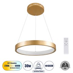Κρεμαστό Φωτιστικό Δαχτυλίδι-Κύκλος LED CCT 30W 3513lm 360° AC 220-240V - Εναλλαγή Φωτισμού μέσω Τηλεχειριστηρίου All In One Ψυχρό 6000k+Φυσικό 4500k+Θερμό 2700k Dimmable Φ40cm - Χρυσό Βούρτσας - 3 Ye