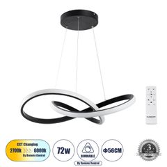 Κρεμαστό Φωτιστικό Οροφής Design LED CCT 72W 8064lm 300° AC 220-240V - Εναλλαγή Φωτισμού μέσω Τηλεχειριστηρίου All In One Ψυχρό 6000k+Φυσικό 4500k+Θερμό 2700k Dimmable Φ56cm - Μαύρο - 3 Years Warranty