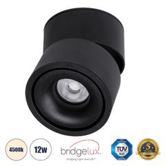 Επιφανειακό LED Spot Downlight Φ10cm 12W 1560lm 36° AC 220-240V IP20 Φ10 x Υ10.5cm - Στρόγγυλο - Μαύρο - Φυσικό Λευκό 4500K - Bridgelux COB - 5 Years Warranty