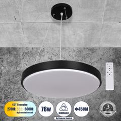 Κρεμαστή Πλαφονιέρα Οροφής LED CCT 76W 8372lm 120° AC 220-240V - Εναλλαγή Φωτισμού μέσω Τηλεχειριστηρίου All In One Ψυχρό Λευκό 6000k+Φυσικό Λευκό 4500k+Θερμό Λευκό 2700k Dimmable Φ45cm - Μαύρο - 3 Ye