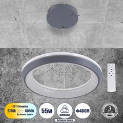 Κρεμαστή Πλαφονιέρα Οροφής Κύκλος LED CCT 55W 6376lm 120° AC 220-240V - Εναλλαγή Φωτισμού μέσω Τηλεχειριστηρίου All In One Ψυχρό Λευκό 6000k+Φυσικό Λευκό 4500k+Θερμό Λευκό 2700k Dimmable Φ48cm - Ανθρα