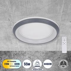 Πλαφονιέρα Οροφής Κύκλος LED CCT 55W 6376lm 120° AC 220-240V - Εναλλαγή Φωτισμού μέσω Τηλεχειριστηρίου All In One Ψυχρό Λευκό 6000k+Φυσικό Λευκό 4500k+Θερμό Λευκό 2700k Dimmable Φ48cm - Ανθρακί - 3 Ye