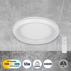 Πλαφονιέρα Οροφής Κύκλος LED CCT 55W 6376lm 120° AC 220-240V - Εναλλαγή Φωτισμού μέσω Τηλεχειριστηρίου All In One Ψυχρό Λευκό 6000k+Φυσικό Λευκό 4500k+Θερμό Λευκό 2700k Dimmable Φ48cm - Λευκό - 3 Year