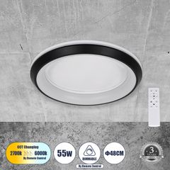 Πλαφονιέρα Οροφής Κύκλος LED CCT 55W 6376lm 120° AC 220-240V - Εναλλαγή Φωτισμού μέσω Τηλεχειριστηρίου All In One Ψυχρό Λευκό 6000k+Φυσικό Λευκό 4500k+Θερμό Λευκό 2700k Dimmable Φ48cm - Μαύρο - 3 Year