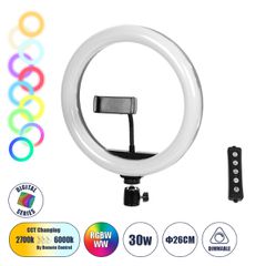 Professional Digital Ring Light Φ26cm LED SMD 30W 3000lm 180° DC 5V με Καλώδιο Τροφοδοσίας USB - Ενσωματωμένο Χειριστήριο Εναλλαγής Χρωμάτων & 1 Βάση Τηλεφώνου - Πολύχρωμο RGBW+WW Dimmable