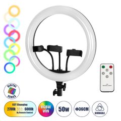 Professional Digital Ring Light Φ36cm LED SMD 50W 5000lm 180° DC 5V με Καλώδιο Τροφοδοσίας USB - Ενσωματωμένο και Ασύρματο Χειριστήριο RF 2.4Ghz Εναλλαγής Χρωμάτων & 3 Βάσεις Τηλεφώνου - Πολύχρωμο RGB