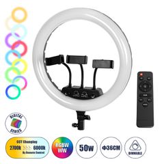 Professional Digital Ring Light Φ36cm LED SMD 50W 5000lm 180° AC 230V με Καλώδιο Τροφοδοσίας Πρίζας - Ασύρματο Χειριστήριο RF 2.4Ghz Εναλλαγής Χρωμάτων & 3 Βάσεις Τηλεφώνου - Πολύχρωμο RGBW+WW Dimmabl