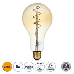 Λάμπα E27 PS30 Cherry LED SOFT SPIRAL FILAMENT 6W 500 lm 320° AC 85-265V Edison Retro με Μελί Γυαλί Ultra Θερμό Λευκό 2200 K Dimmable