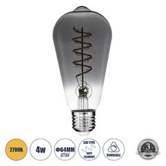 Λάμπα E27 ST64 Αχλάδι LED SOFT S SPIRAL FILAMENT 6W 470 lm 320° AC 85-265V Edison Retro με Φιμέ Γυαλί Θερμό Λευκό 2700 K Dimmable