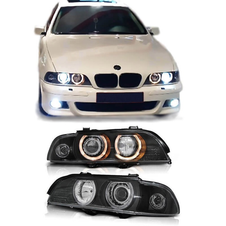 Μπροστινά Φανάρια Set Για Bmw 5 E39 95-03 Angel Eyes Μαύρα Για Original Xenon D2S/H7 Με Μοτέρ Depo